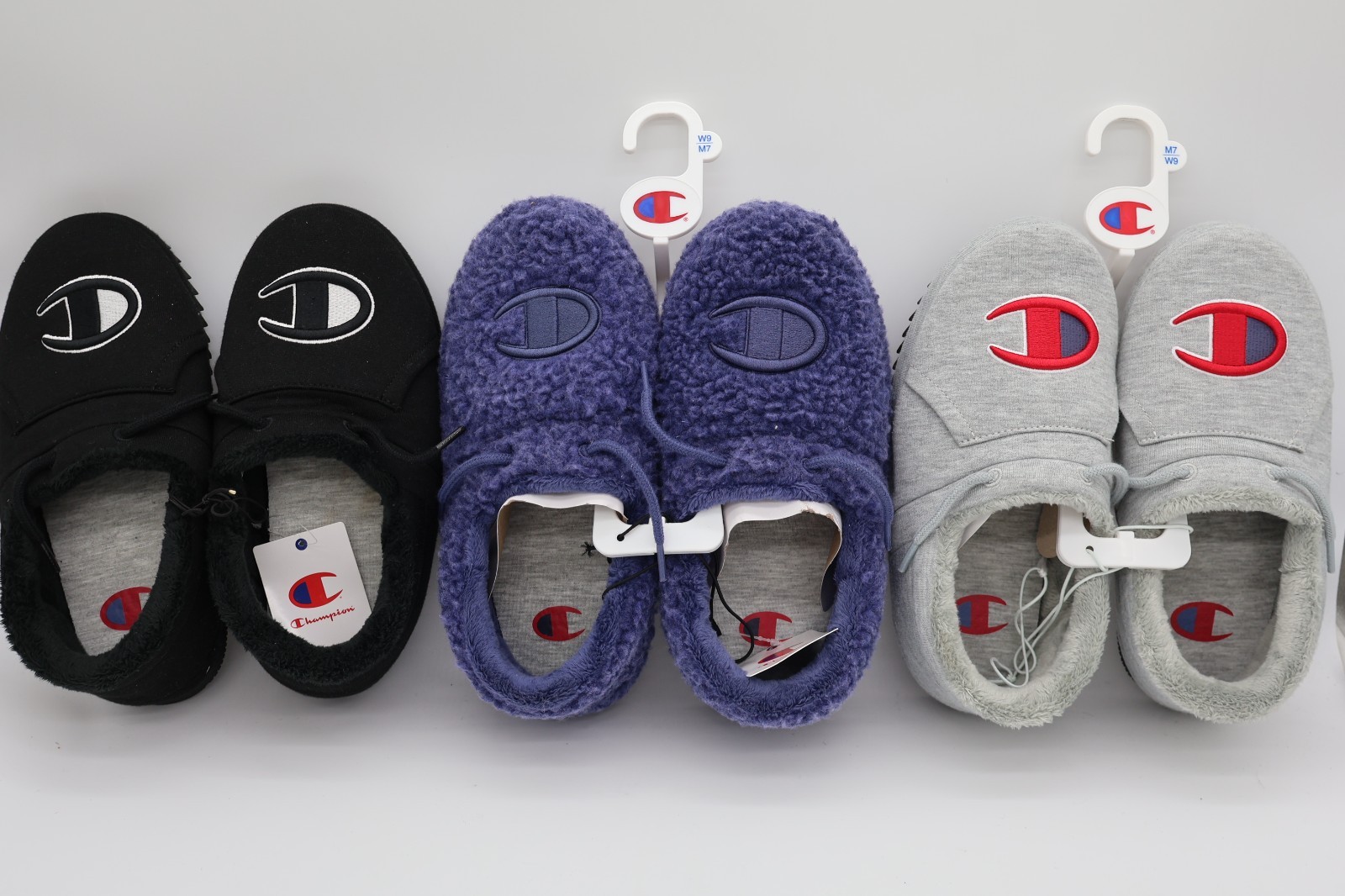 Champion Black, Blue & Grey Logo Slip-On Slippers Faux Fur Lined Non-Slip W9/M7