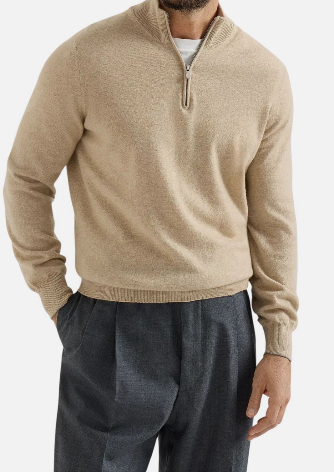 Brunello Cucinelli Men’s Beige Cashmere Sweater with Half Zip Size 54