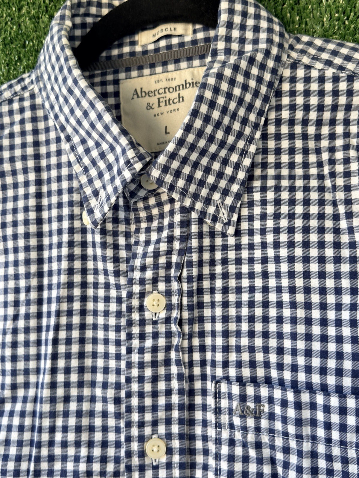 Abercrombie & Fitch Muscle Fit Gingham Shirt Men L Navy White Check Long Sleeve