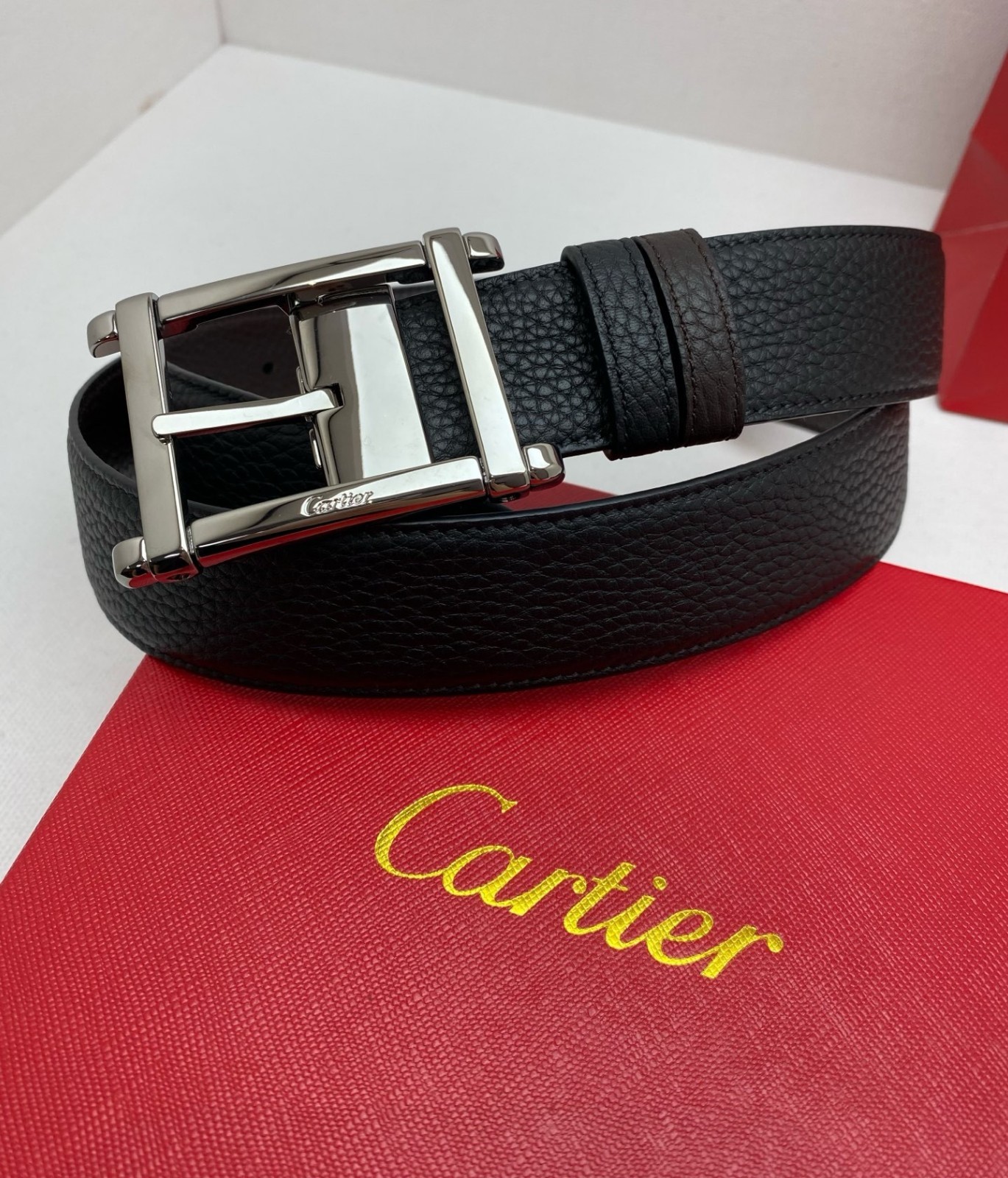 Cartier Black and brown double-sided cowhide men’s Lead colored buckle belt