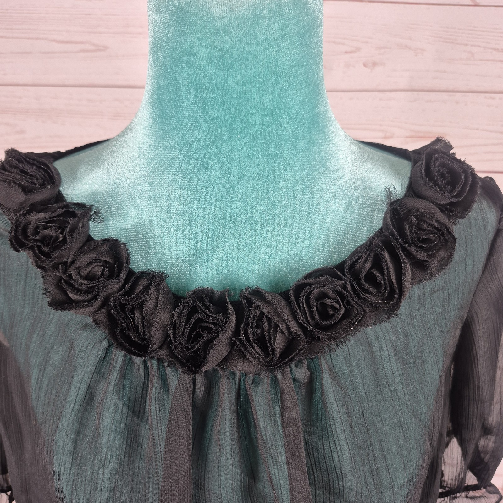 B Wear Womens Black Top Sheer Blouse Sz XL Whimsigoth Witchy Rosebud Neck Detail