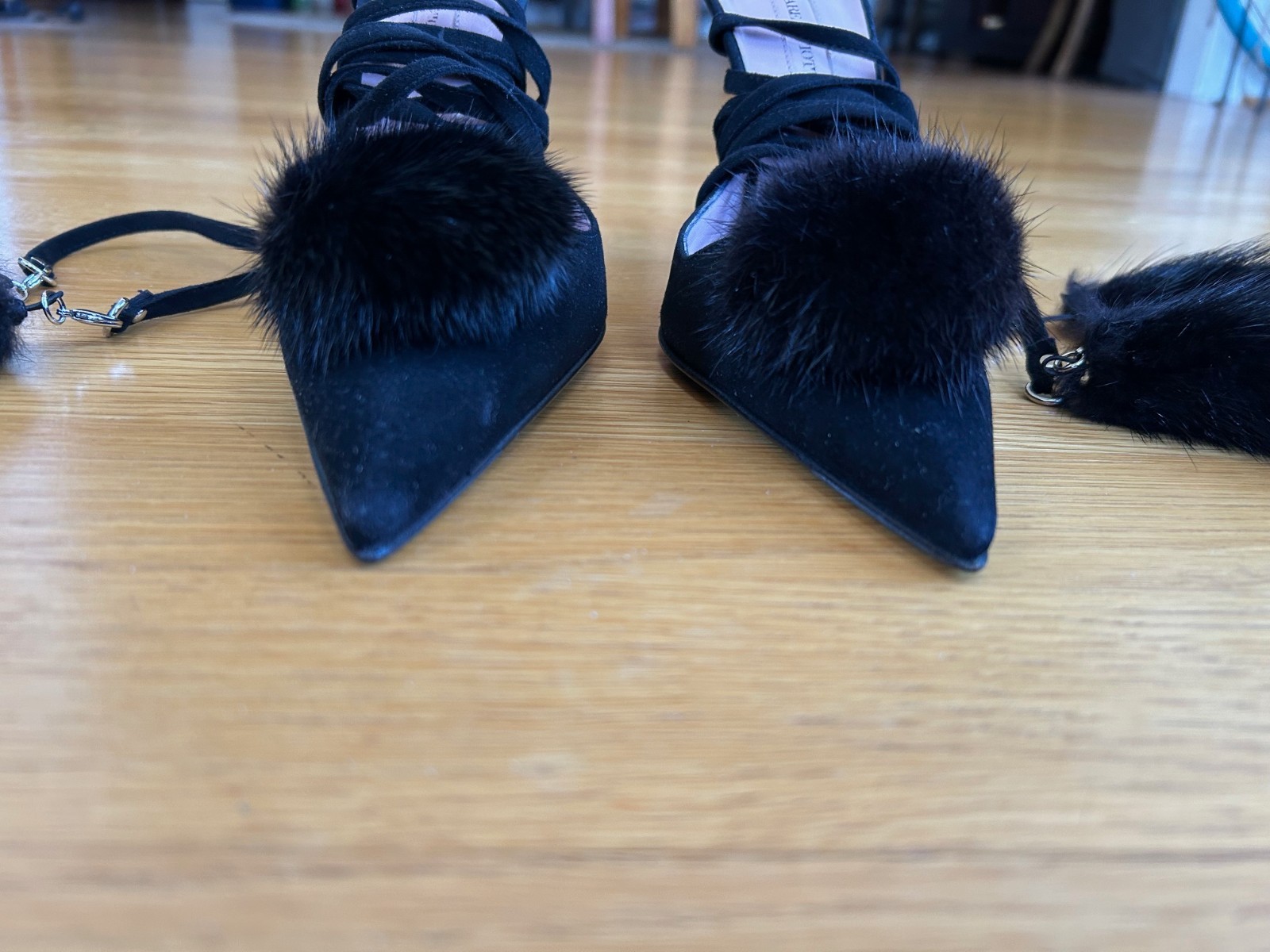 CESARE PACIOTTI Black Suede Pom-Pom Fur Tassels Sandals SZ 7.5 IT 37.5 Excellent