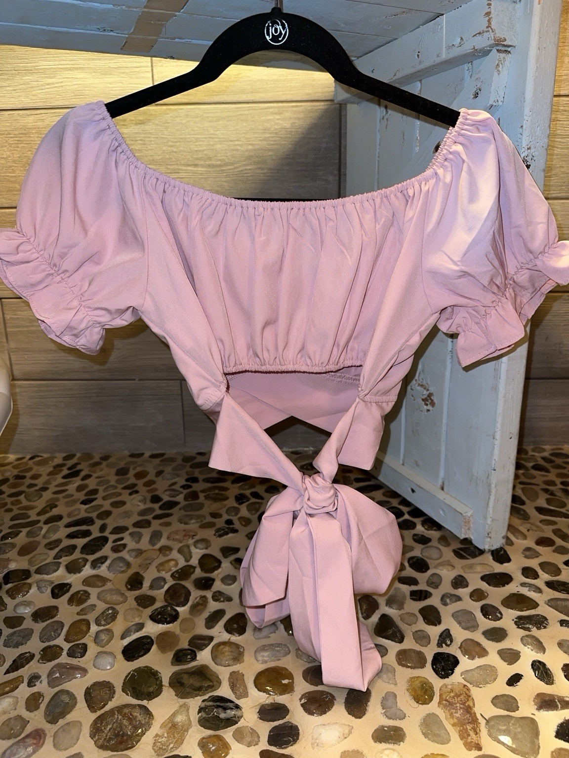 LYANER Pink Off Shoulder Puff Short Sleeve Tie Back Cropped Blouse Top M