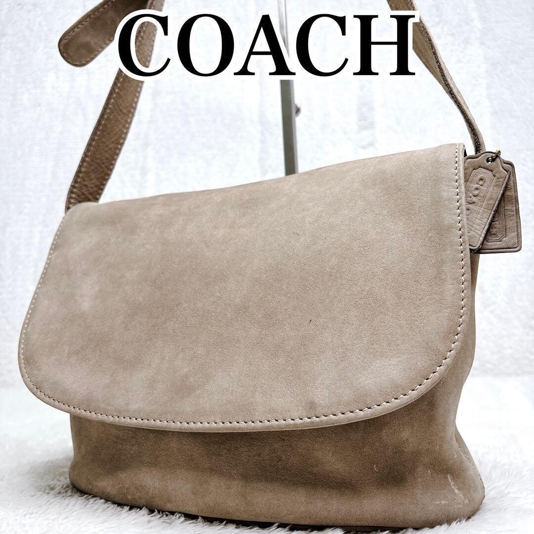 COACH Nubuck Shoulder Bag Y2K Vintage Rare Beige Flap Strap Women 11.8in