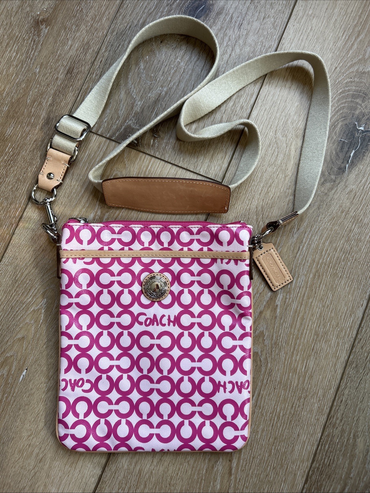 Coach Leah Op Pink Leather Coated Canvas Cross Body Handbag 42420
