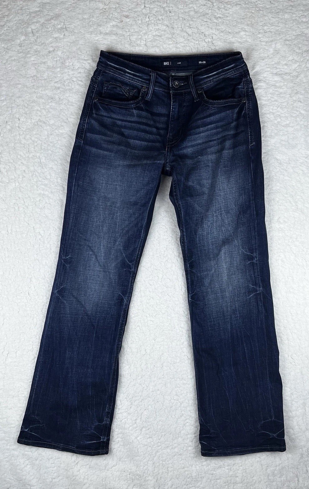 BKE Buckle Mens 30×30 Blue Jake Denim Jeans Pants Faded Stretch Whisker Marble