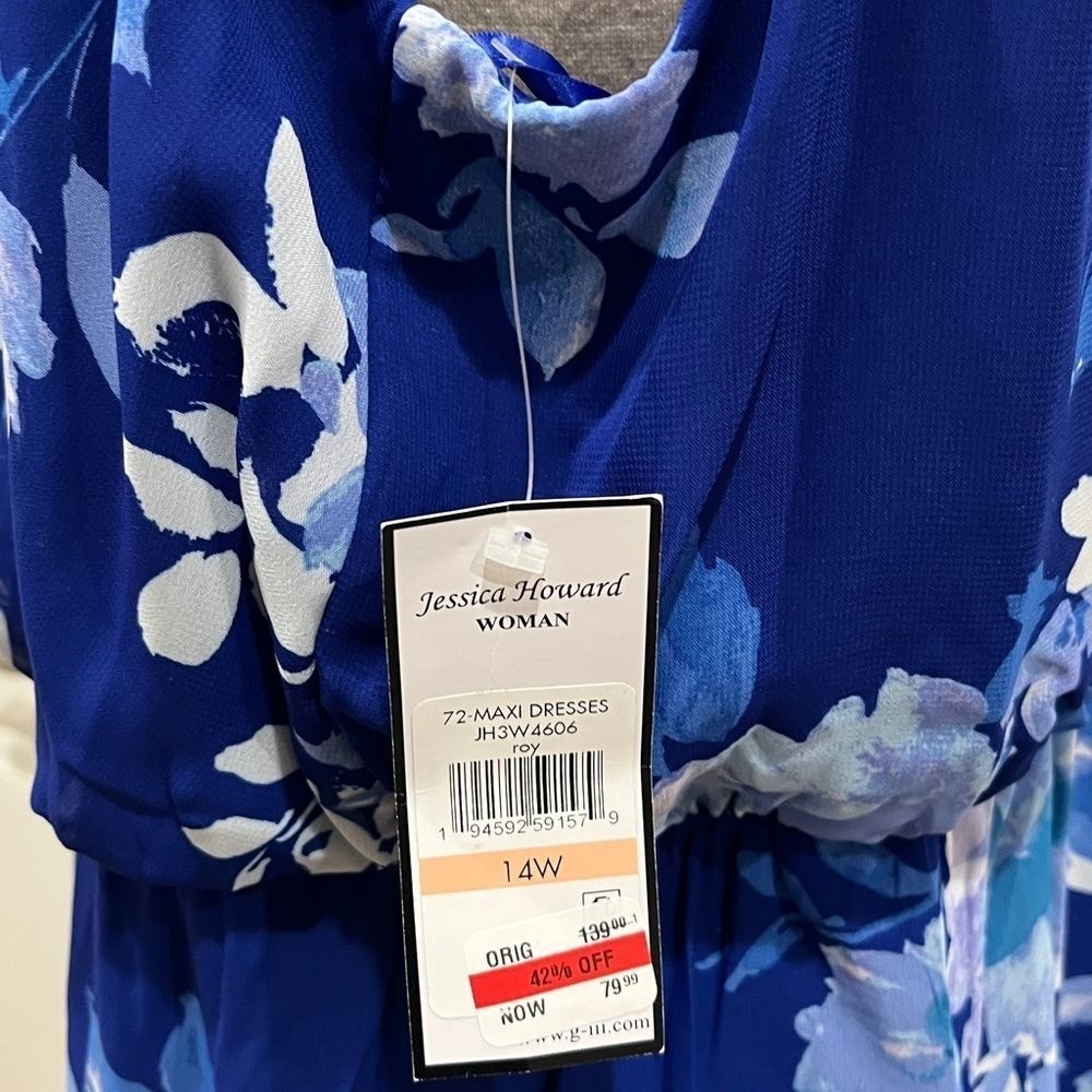 New! Jessica Howard Blue V-Neck Sleeveless Maxi Dress Size 14W NWT