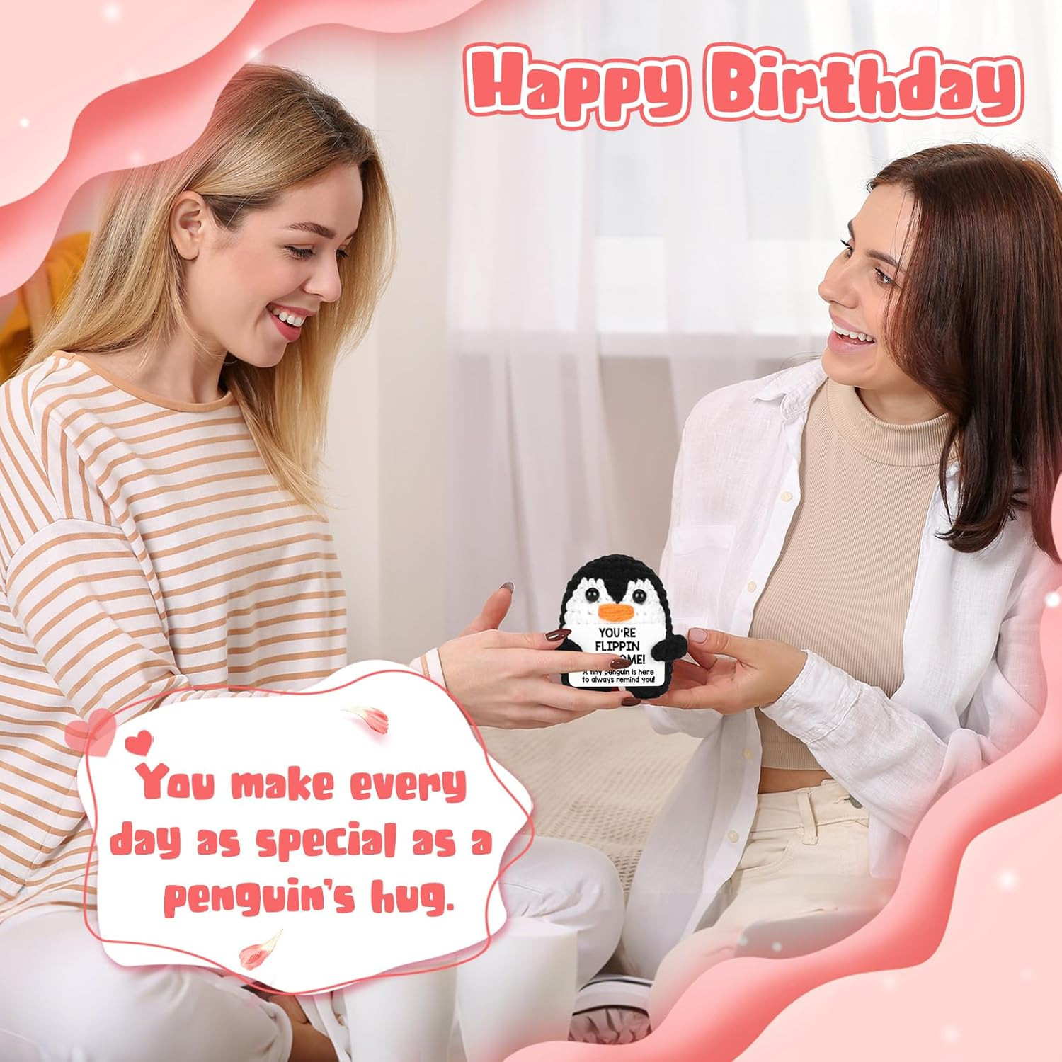 Positive Crochet Penguin, Mini Funny Brithday Valentines Gifts for Women Men Tee