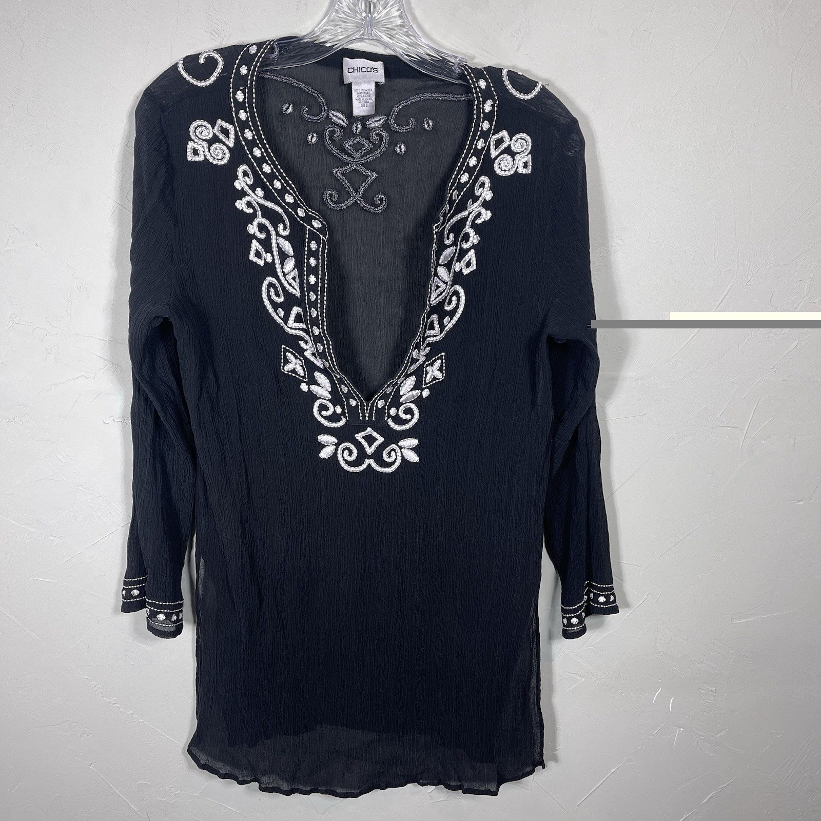 Chicos Black 100% Silk Embroidered Tunic Sz 2 Boho Cottagecore