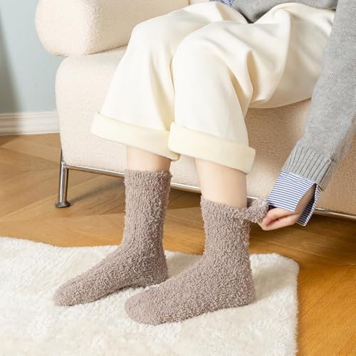 Premillow Womens Fuzzy Socks Fluffy Socks 3 Pairs Black&dark Grey& Light Brown