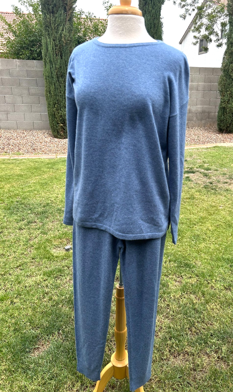 Van Winkle & Co Cashmere 2 PC Lounge Set Womens L Baltic Blue $276 Luxurious NWT