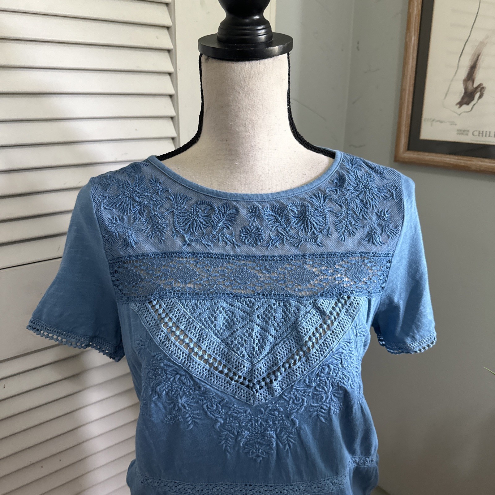 Sundance Top Womens XS Blue Embroidered Dainty Lace Trim Coastal Summer Boho