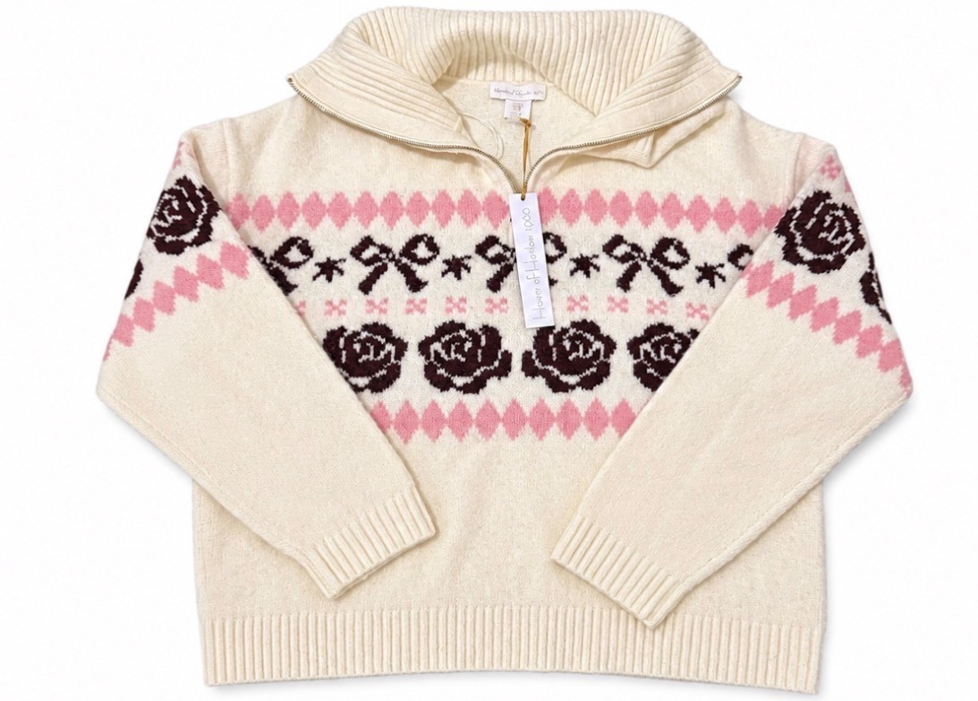 House of Harlow 1960 Half Zip Sweater NWT Women’s Cream Rose Bow Knit