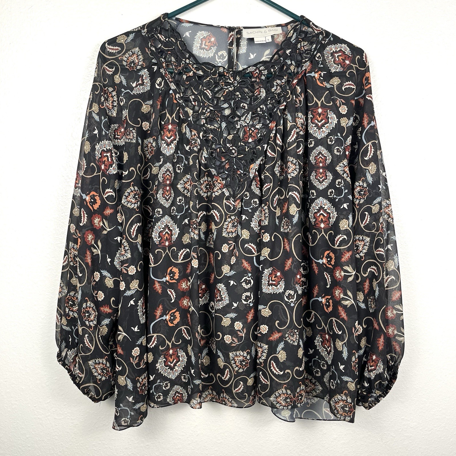 Sachin + Babi Large Paisley Lace Embroidered Chiffon 3/4 Sleeve Blouse Top