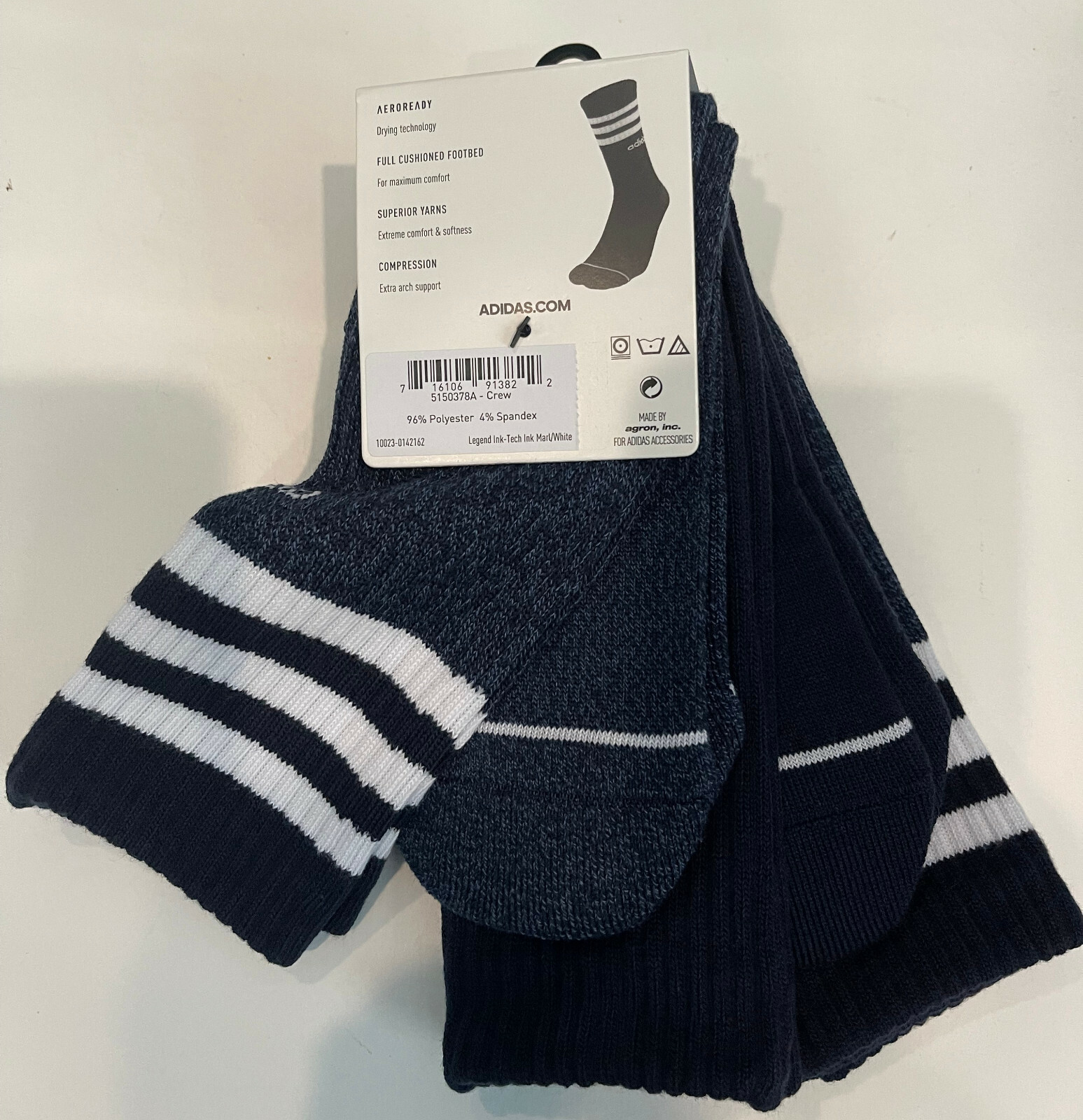 adidas Mens 3-Pack 3-Stripe Crew Socks Size: 6-12 Dark Blue/White 3-Pairs New