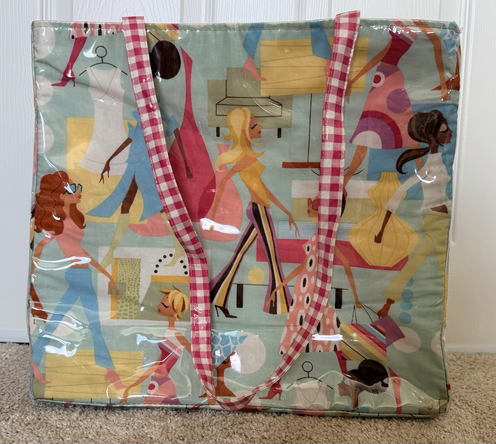 Vintage Neiman Marcus Fashion Runway Vinyl Tote Gingham Straps