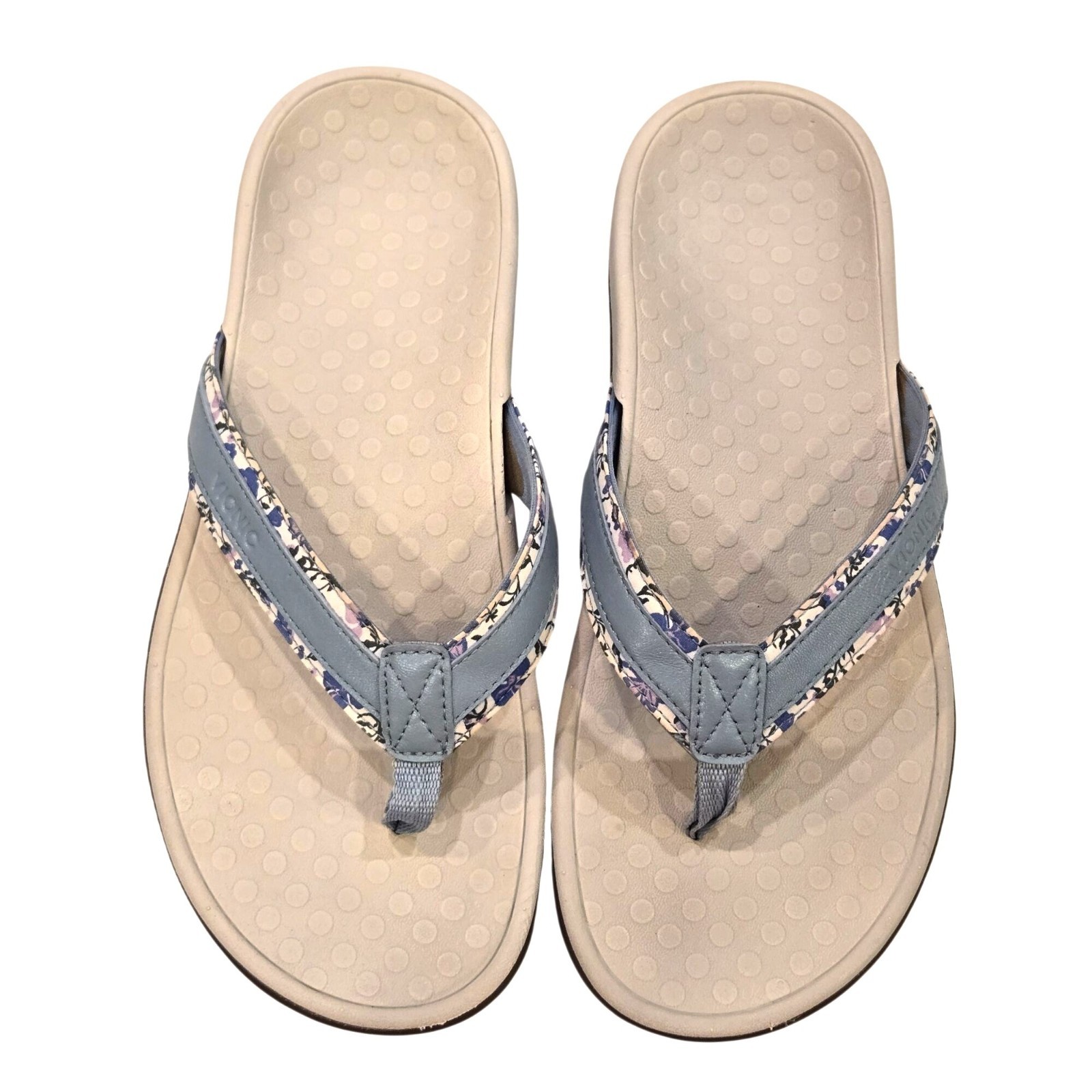 Vionic Tide Toe Blue Floral Leather Orthotic Comfort Flip Flops Thongs Sandals 8