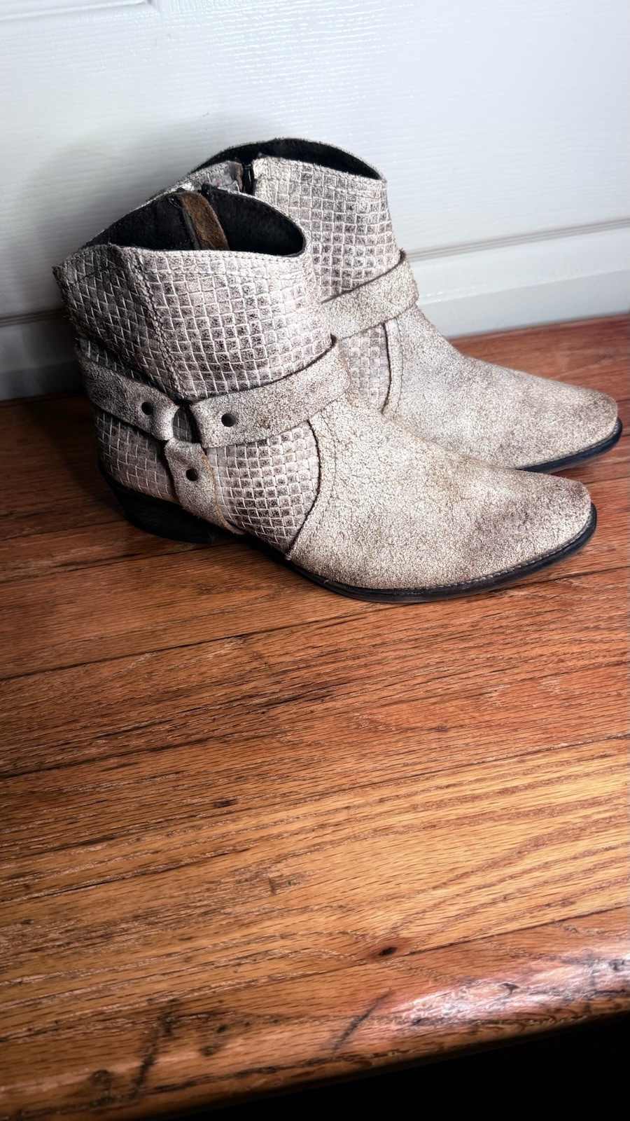 Roper Beige Textured Ankle Bootie Buckle Accent Zipper Pointed Toe Leather