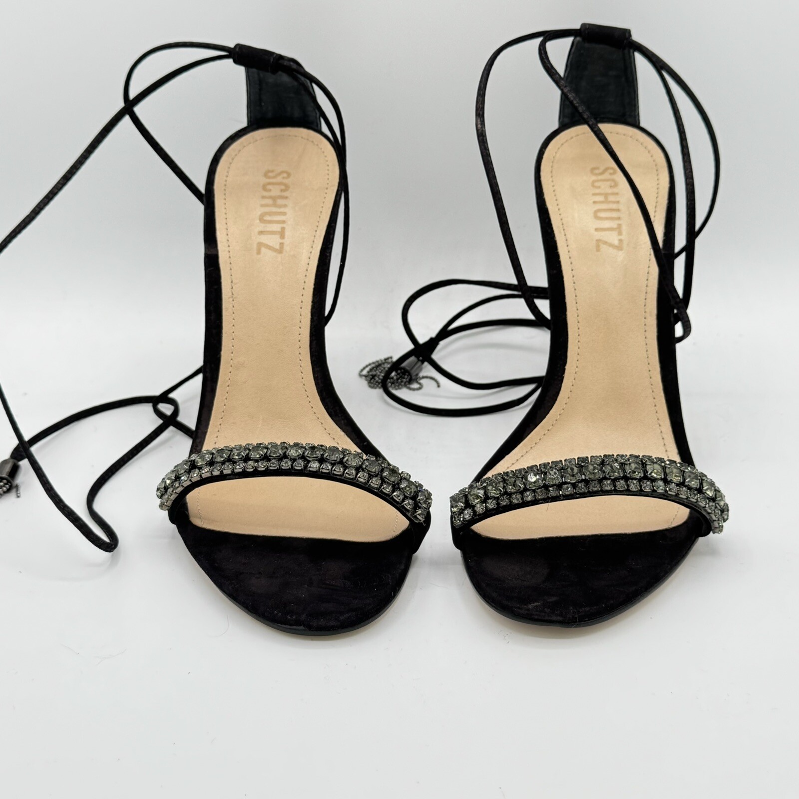 Schutz Bellin Crystal Detail Ankle Wrap Chain Tassels Sandal Sz 8 Black Nubuck