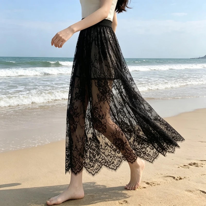 2 Length Elegant Black Skirt White Lace Transparent Long Tulle Skirt Ladies.