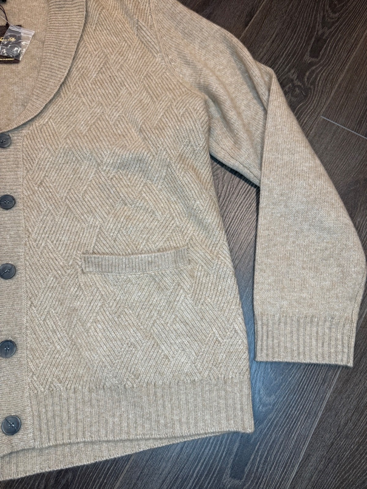 Tasso Elba Tan Beige Textured Pattern 100% Cashmere Shawl Cardigan Sweater – XL