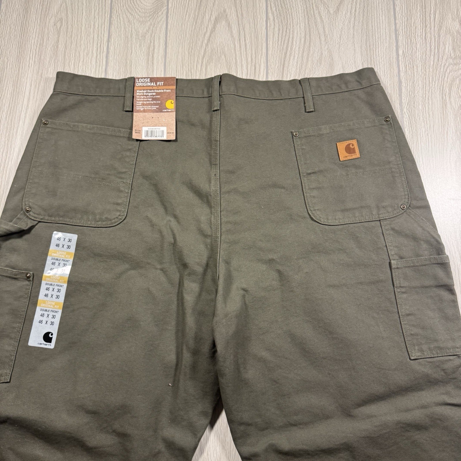 Carhartt Washed Duck Double Front Work Dungarees Men 46×30 Olive Green Loose NWT