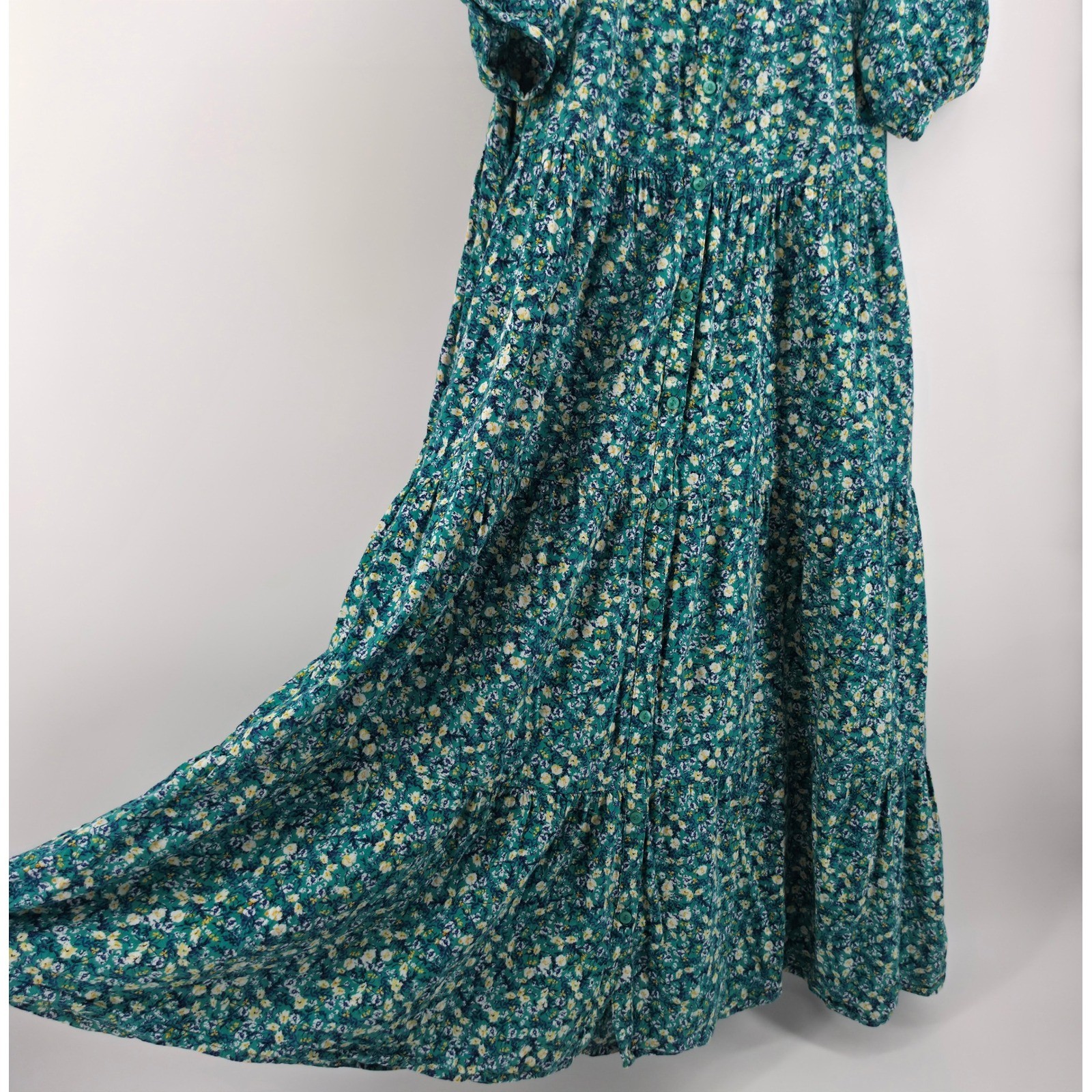 Old Navy Teal Green Floral Tiered Maxi Dress Puff Sleeve Button Front Womens M