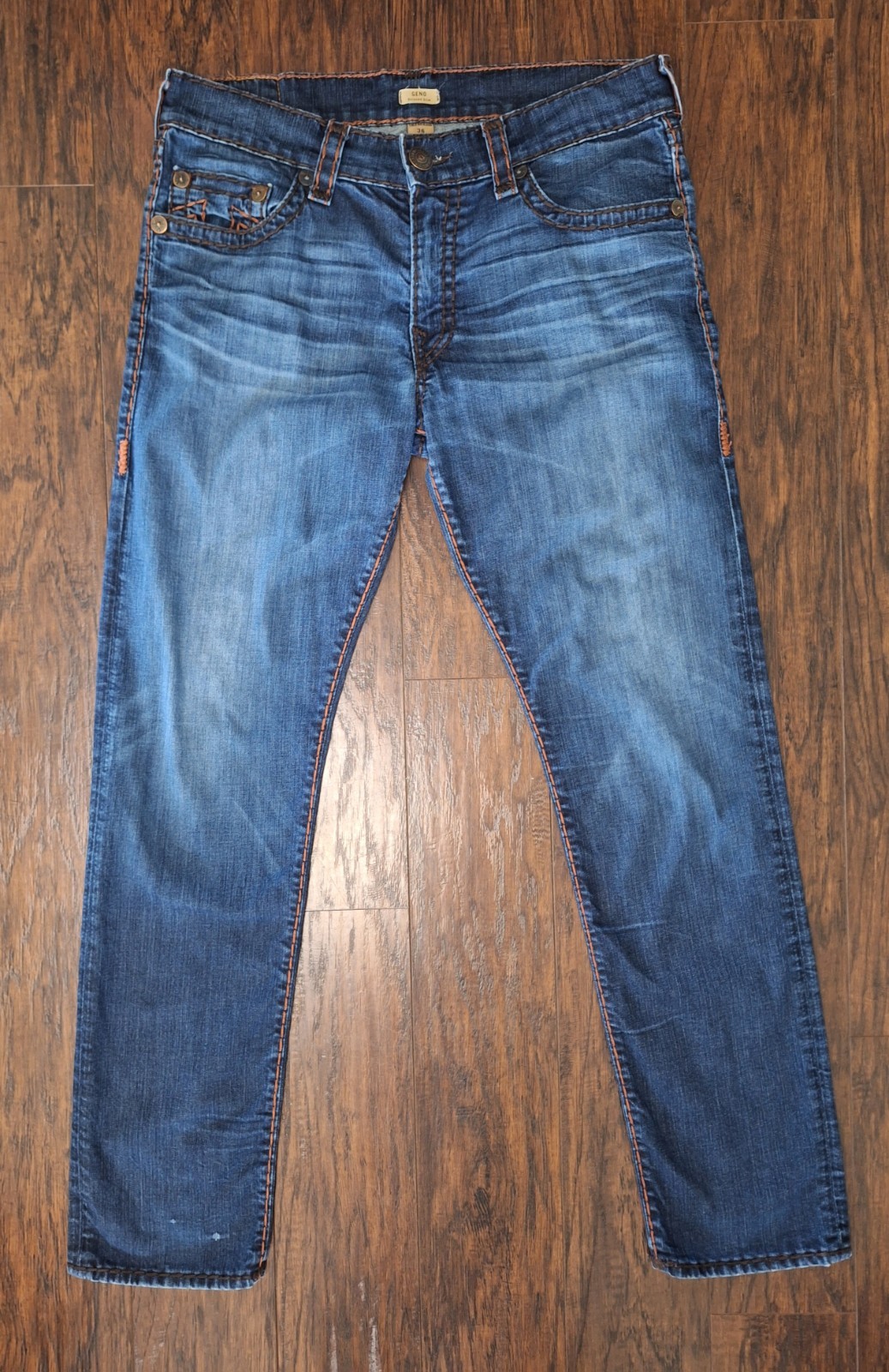 True Religion Men’s Geno slim fit jeans Medium Wash Buckstitch detail size 36×33