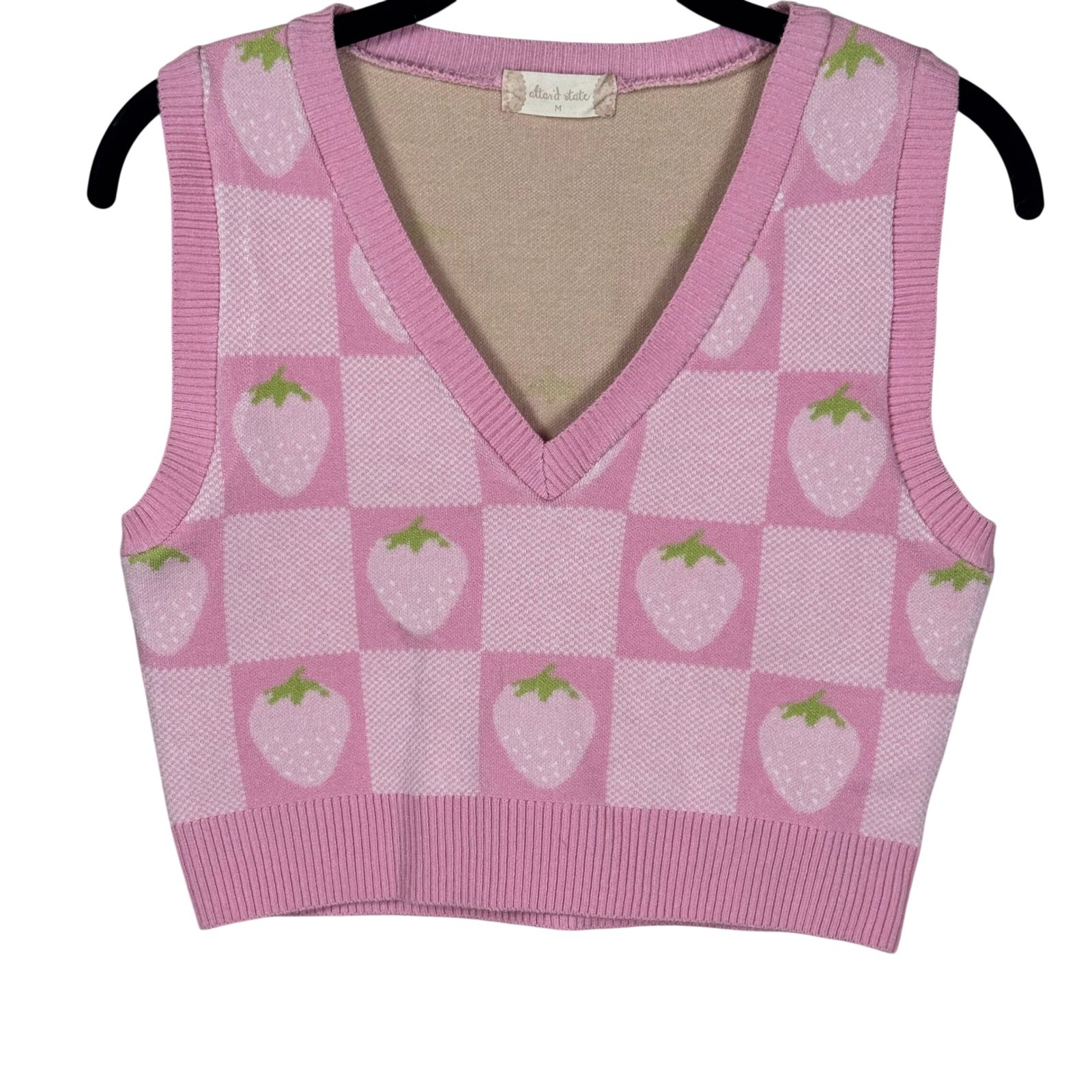 Altar’d State Pink Checkered Strawberry Sweater Vest Coquette Knit Tank Top M