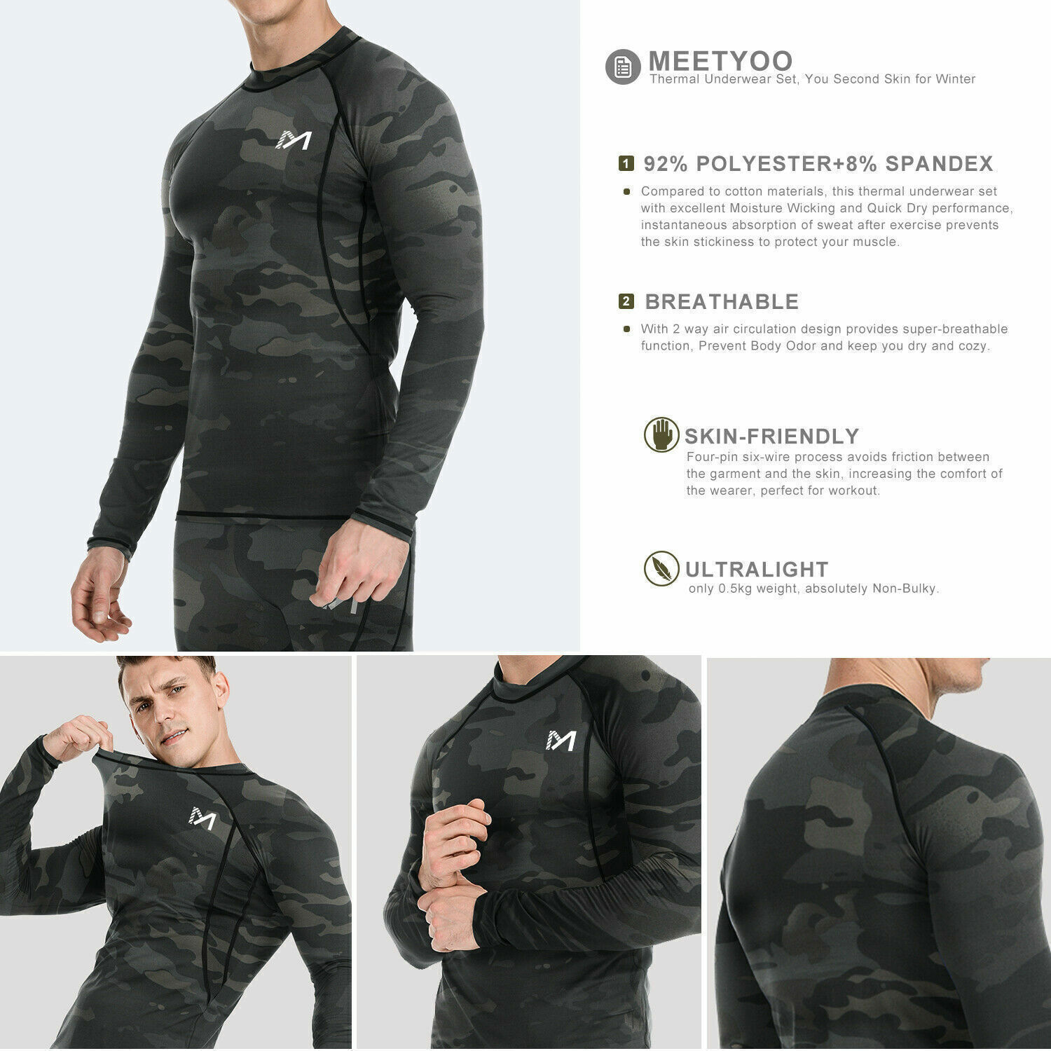 Mens Thermal Underwear Set Sport Long Johns Base Layer Warm Compression Camo Set