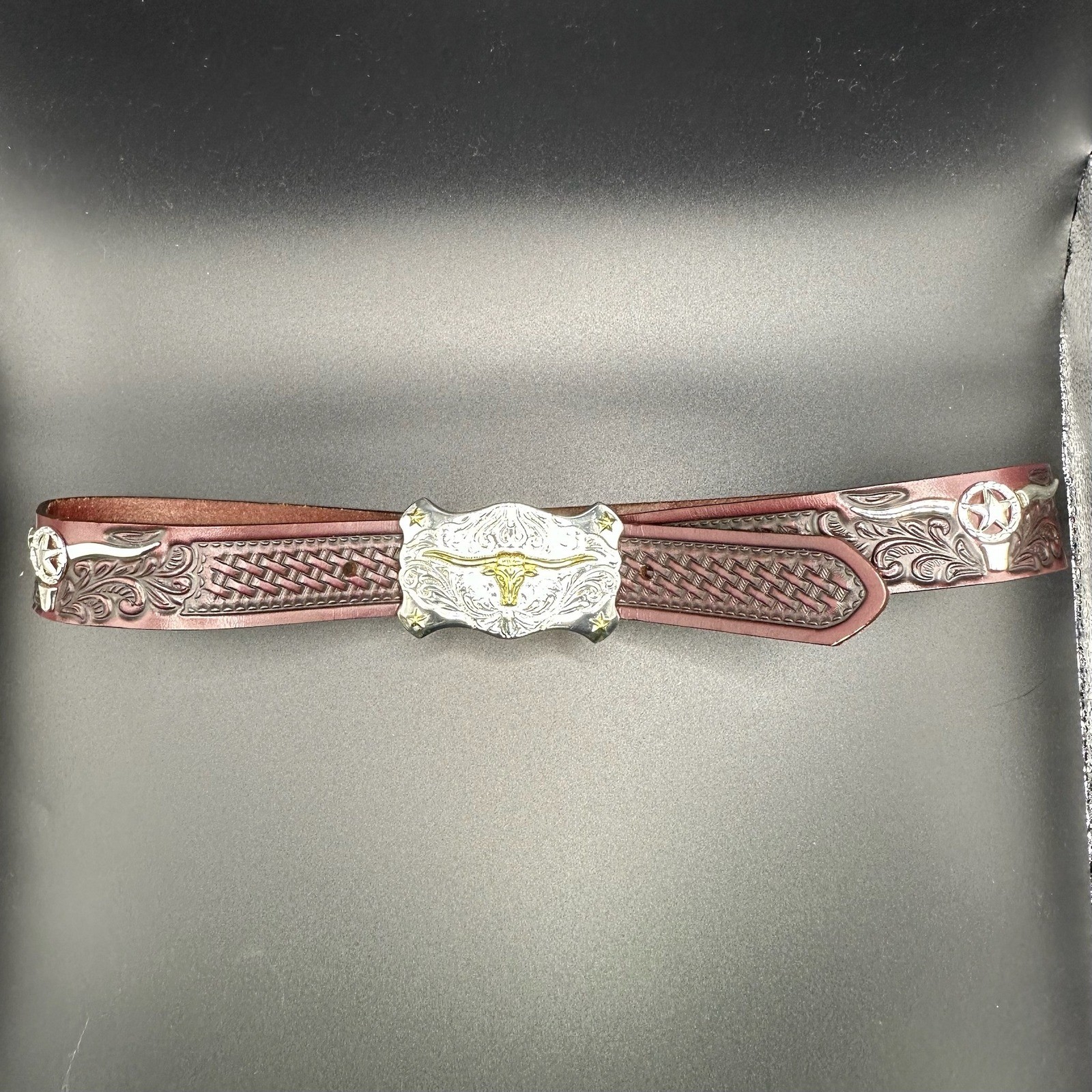 Tony Lama Little Texas Belt Mens 30 Brown Longhorn Buckle Basket Weave #C60214