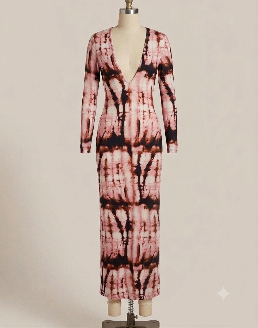 Fashion Nova Tie Dye Pink/Black Bodycon Midi Dress Long Sleeve V-Neck Size S