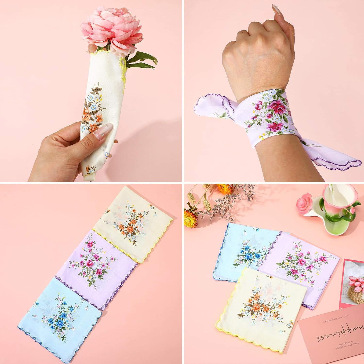 6 Pcs Womens Handkerchiefs Cotton Soft Vintage Floral Embroidered Hankies Organi