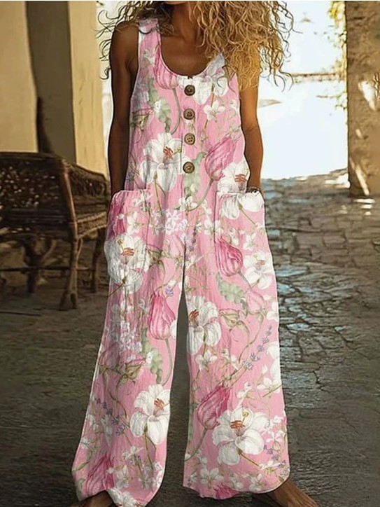 Women Sleeveless Wide Leg Jumpsuit Floral Print Loose Pocket Long Overall Romper