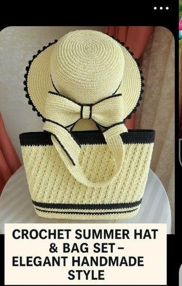 Crochet Straw Style Hat & Handbag Set Handmade Beach Vacation Tote Set