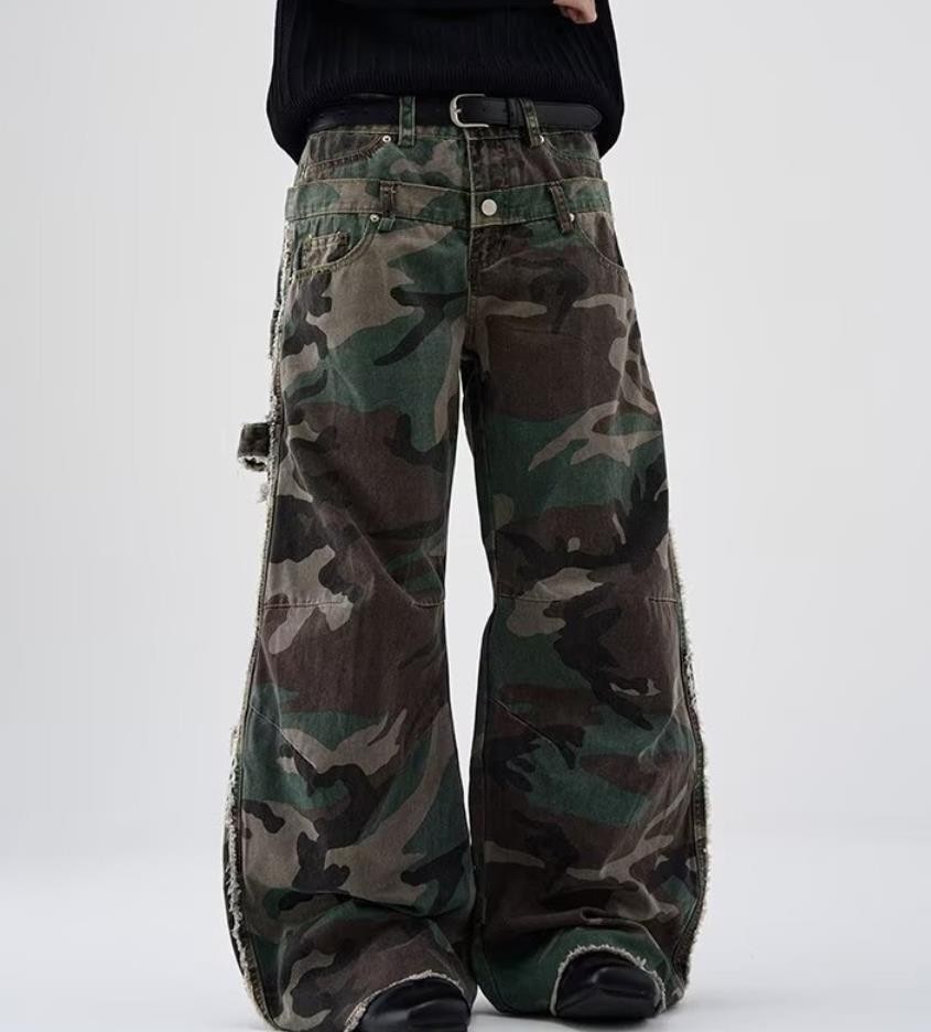 Men’s Straight Leg Army Green Camouflage Pockets Casual Punk Hip Hop Trousers