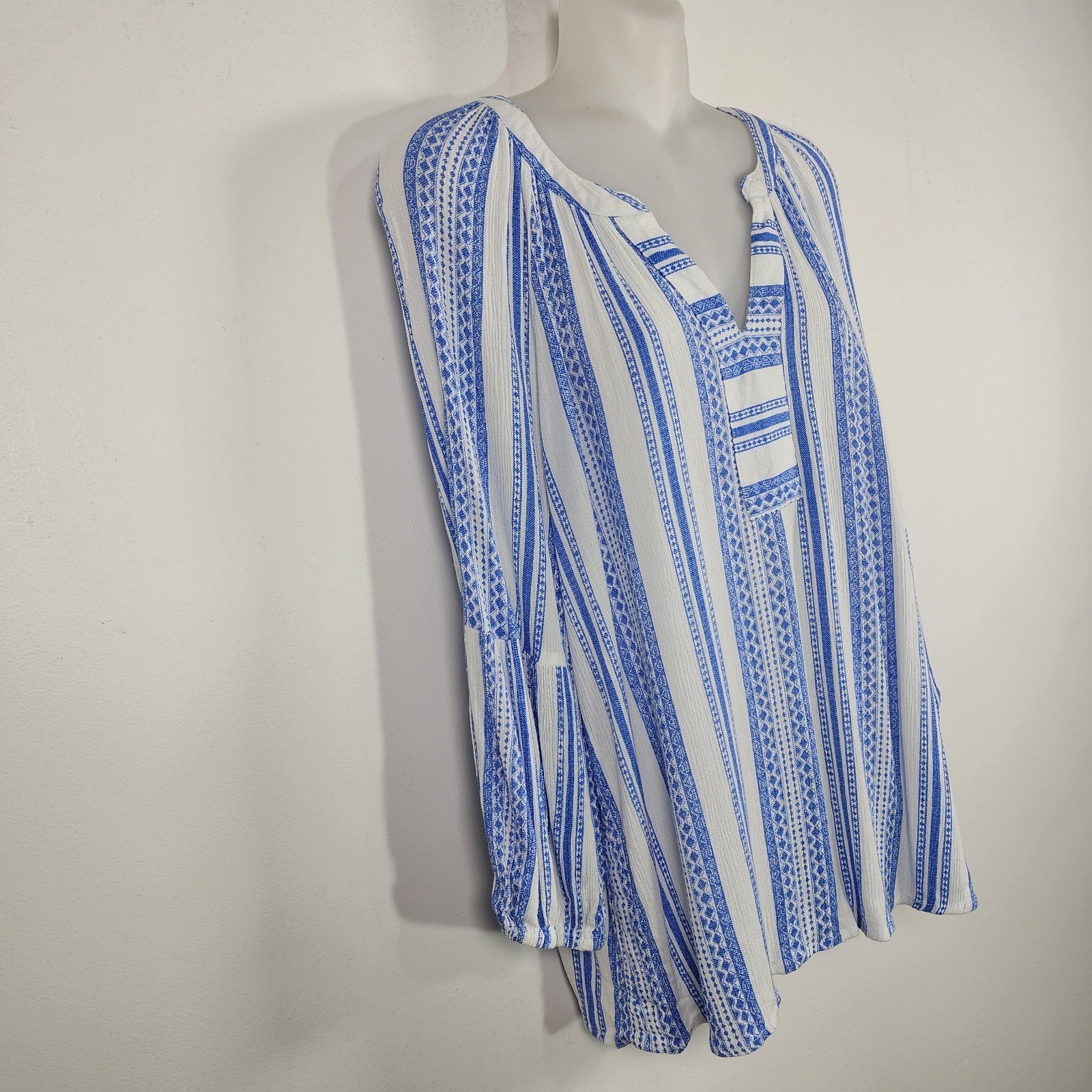 Brina & Em Womens Colter Split Neck Top Blue White Striped 3/4 Sleeve Boho XL