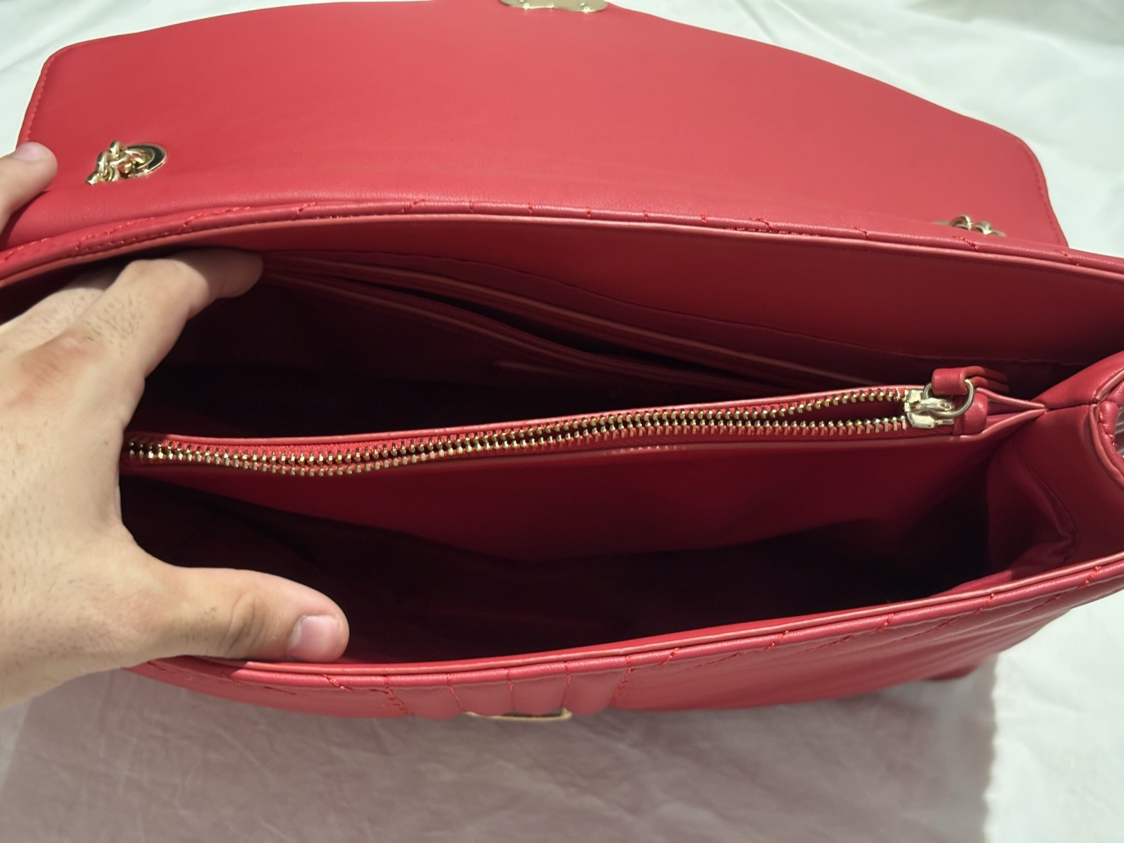 Valentino Red Chevron Shoulder Bag Gold Chain Strap Turn Lock Inner Pockets