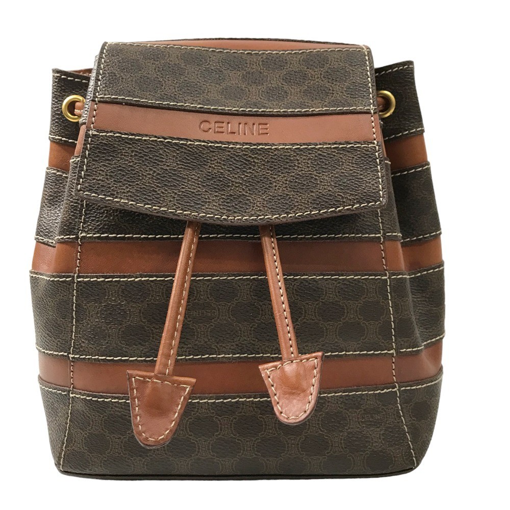 Auth Celine Backpack Macadam Striped Mini Brown Drawstring Women’s PVC Leather