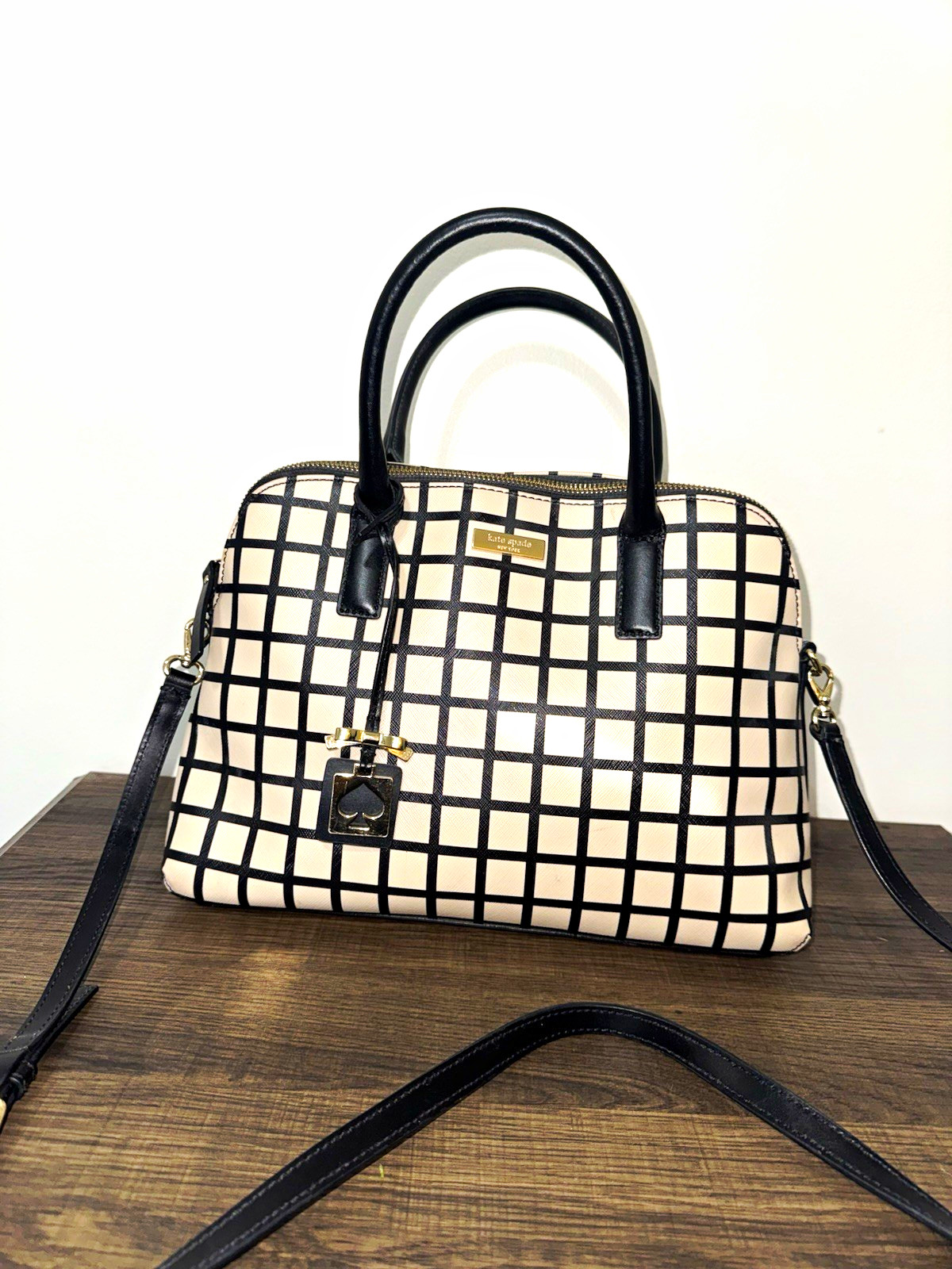 kate spade new york Cream Black Checkered Satchel Zip Detachable Strap Charm