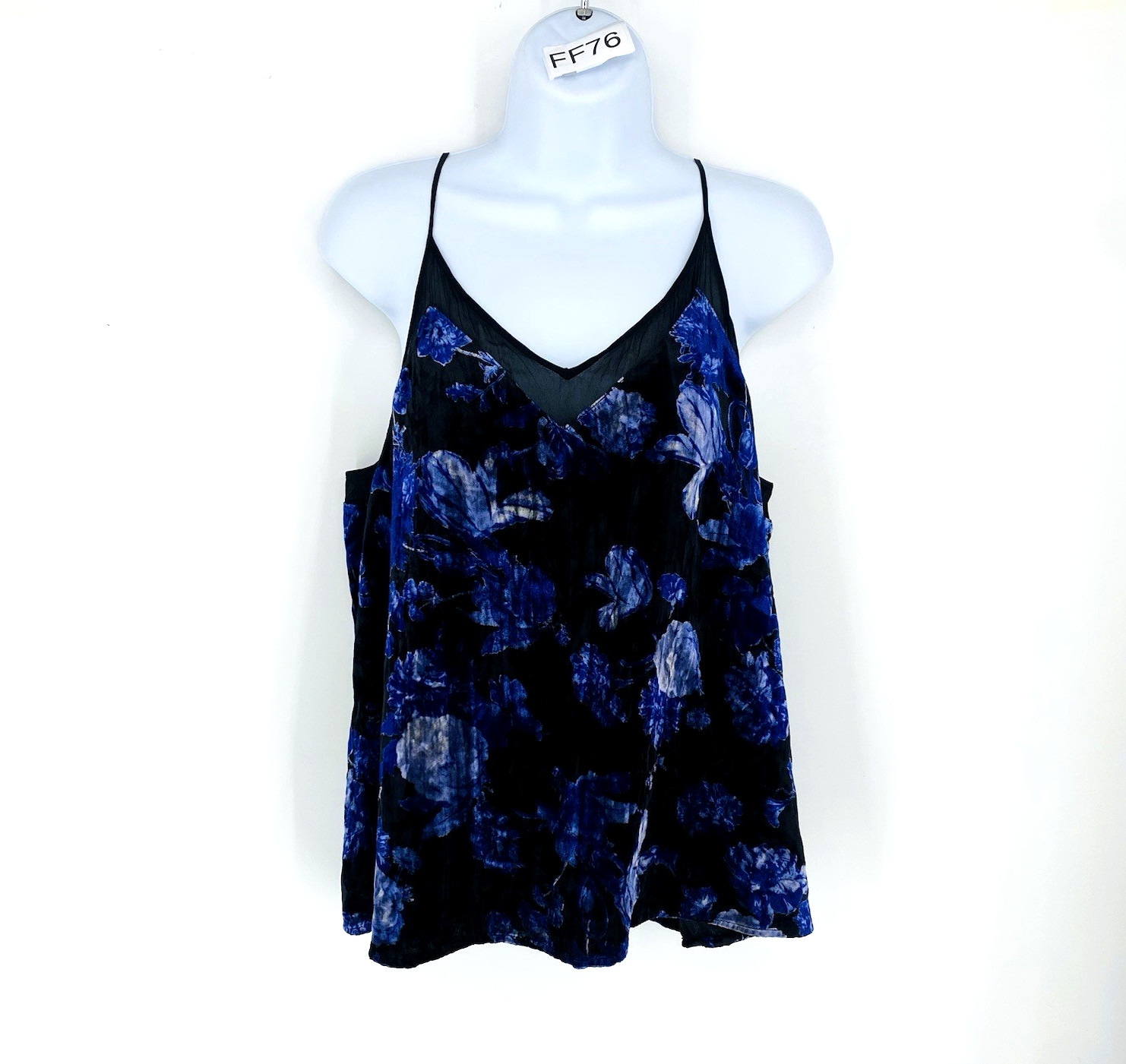 Lucky Brand Velvet Floral Camisole Large Black Blue Romantic Coquette Tank Top