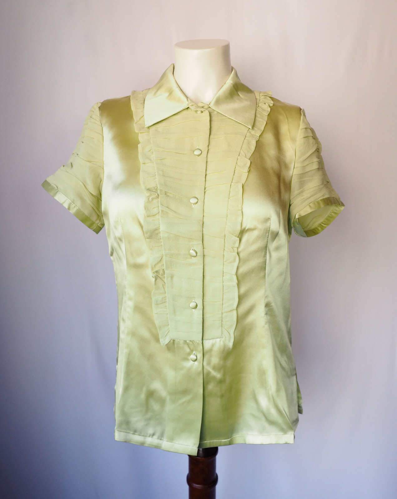 Simply Chloe Dao 100% Silk Satin Blouse Ruched Chiffon Ruffle Chartreuse XS
