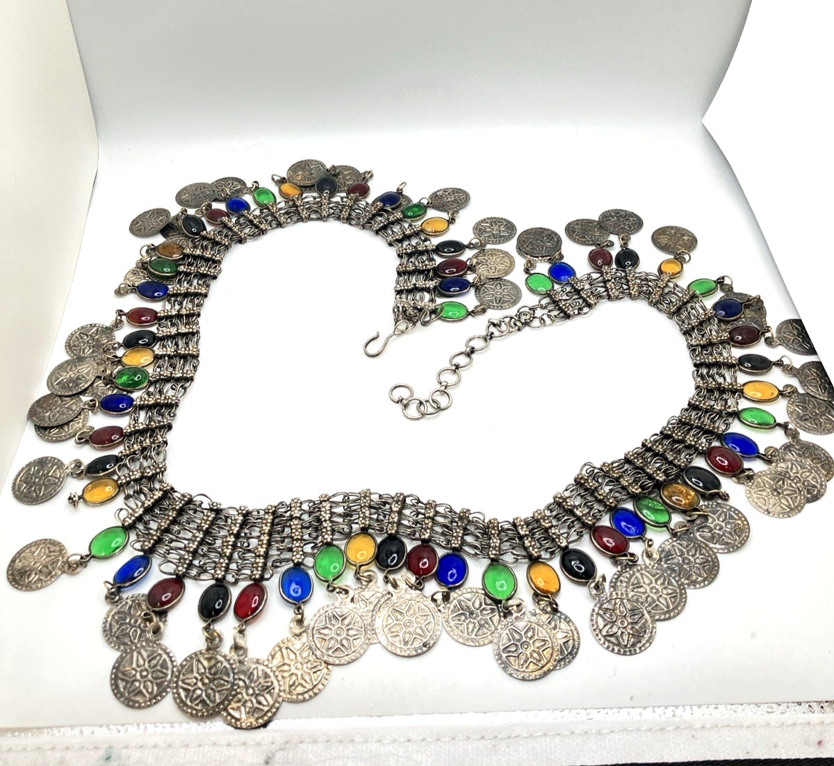 Vintage Silver-Toned Belly Dancer Belt with Multi-Color Cabochons 37″-41″