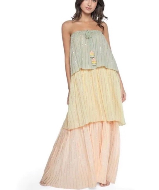PQ swim Golden Hour Briar Lurex Strapless Maxi Coverup Fesortwear Dress Sz Xs/S