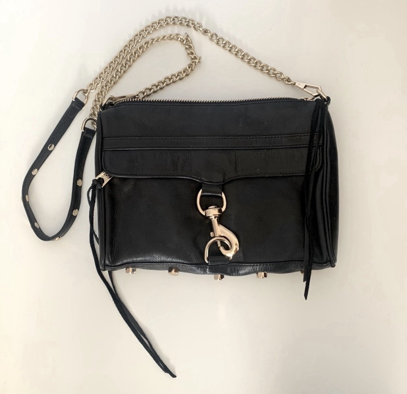 Rebecca Minkoff Black Crossbody Bag, Detachable Chain Strap, Gold