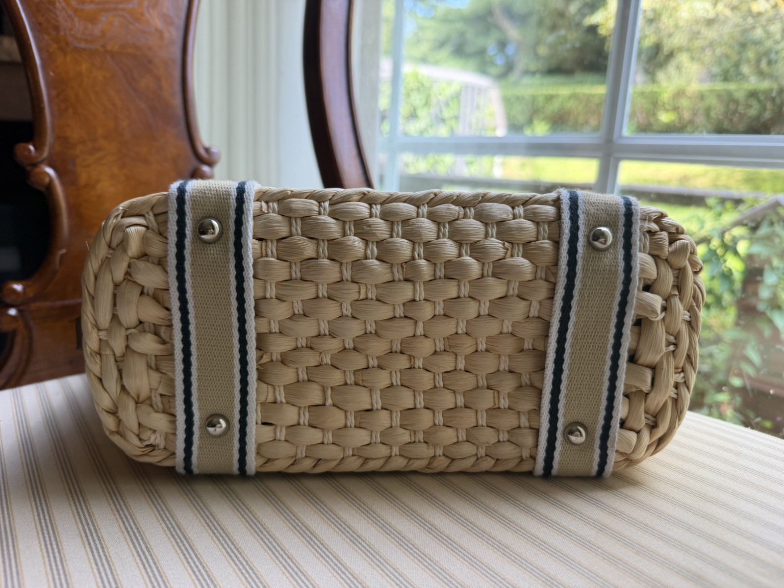 Chaps Basket Weave Purse Tote 10in x 8in brown leather handles Preowned