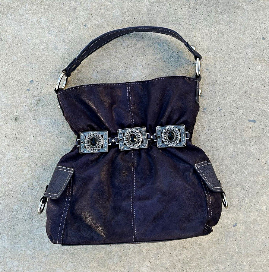 Kathy Van Zeeland Purple Shoulder Bag Magnetic Close Silver Buckle Rhinestone