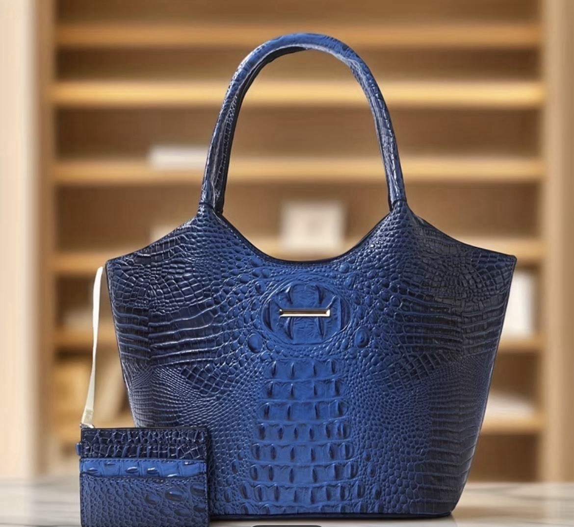 Women’s Croc Embossed Blue Large Tote Set Zip, Lined, Gold Hardware, Wristlet