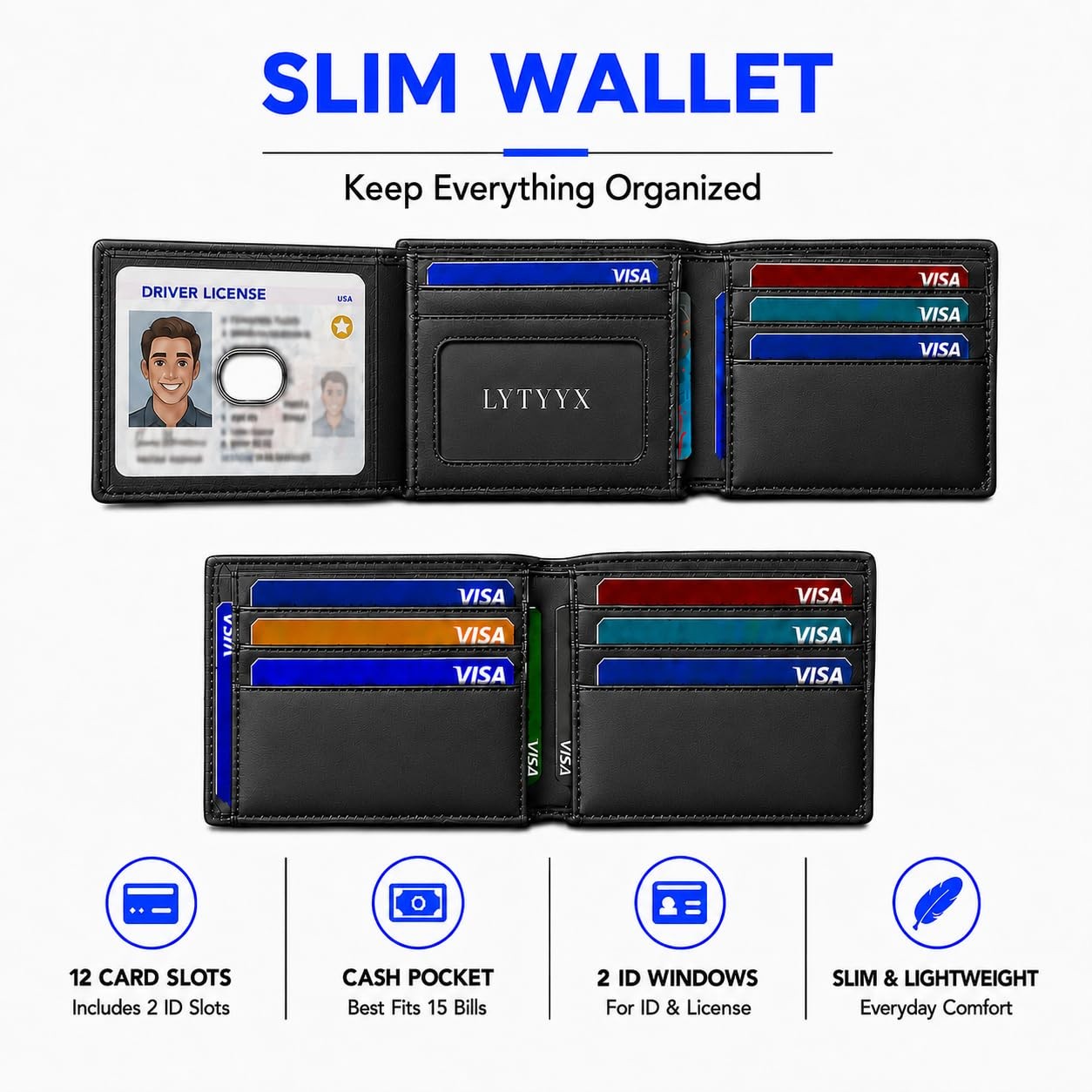 LYTYYX Wallet for Men Slim RFID Blocking 4.3 x 3.2 x 0.6 inches, Black