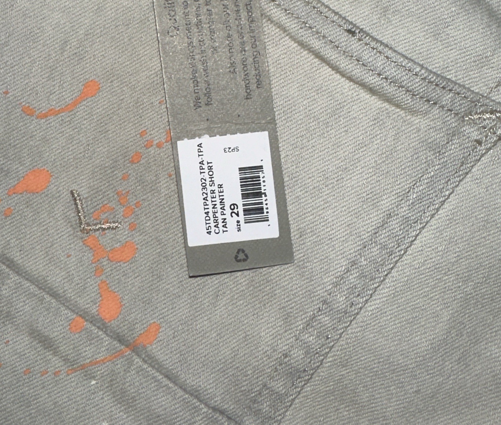NWT Hudson Men’s Carpenter Shorts Tan Painter Distressed Size 29 Splatter Paint